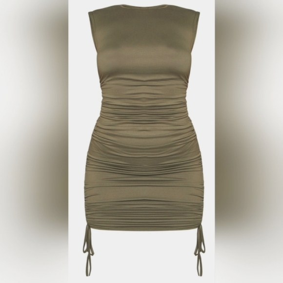 Pretty Little Thing Khaki Military Green Dress Ruched Bodycon Size 12 NWT - Picture 6 of 12